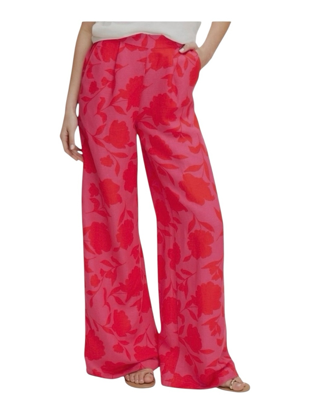 Kate Spade Linen Blend Pants Size M 28" Inseam Pink Red Wide-Leg Loose Bohemian